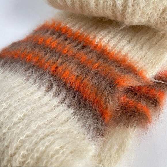 Vintage 60s Hat & Scarf Set Italian Knit Wool Mohair Winter Cream Orange Brown - Picture 10 of 14